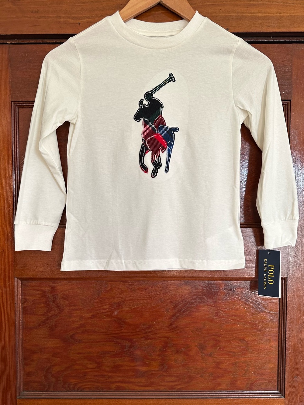 New Polo Ralph Lauren White Plaid Patchwork Big Pony Long-Sleeve T-Shirt Size 5